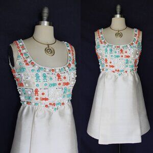 Gino Charles Cream Silk Embellished beaded mod jackie O dress Oscar de la Renta